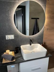 a bathroom with a white sink and a mirror at Przystanek Przylasek in Grywałd