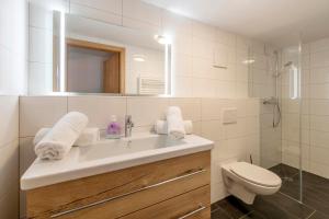 Un baño con lavabo, inodoro y espejo. en Drei Türme Top A2, en Schruns 13 fotos más
