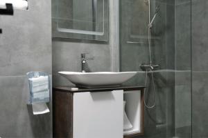 W łazience znajduje się umywalka i prysznic. w obiekcie Vetus Hotel w Prisztinie