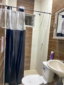 y baño con aseo y lavamanos. en Acogedor Apartamento Cercano al Aeropuerto Ernesto Cortissoz en Malambo