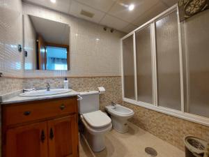 a bathroom with a toilet and a sink and a mirror at APARTAMENTO PLAZA DEL AYUNTAMIENTO con PARKING in Linares