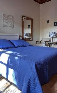 1 dormitorio con cama azul y manta azul en CasaComVida pousada en Santo Antônio do Pinhal