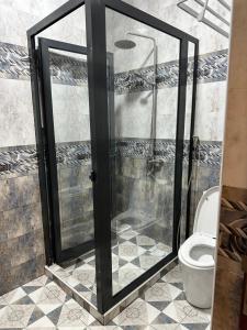 a bathroom with a shower and a toilet at Oceans-Opulence/3BR-5 BEDS in Dar es Salaam