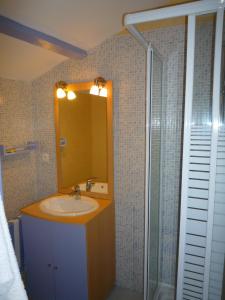 a bathroom with a sink and a mirror and a shower at Au Bon Accueil in Jonzac