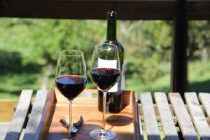 Cabana Rustica في كواترو باراس: كأسين من النبيذ الأحمر يجلسون على طاولة خشبية