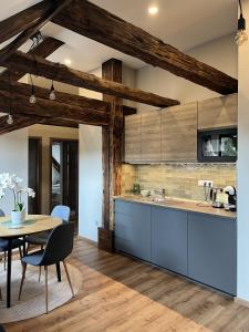 a kitchen with blue cabinets and a table with chairs at Mushrooms Malomszállás in Tata