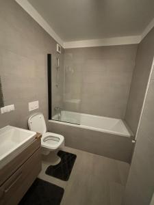 een badkamer met een bad, een toilet en een wastafel bij Royal Apartament in Braşov