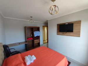 a hotel room with a bed and a flat screen tv at Pousada Leitzke in Piratini