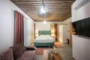a bedroom with a bed and a couch and a tv at The five keys in Monodendri