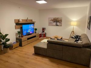 a living room with a couch and a flat screen tv at Anwesen mit Charme in Koblach
