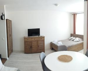 a living room with a bed and a table and a tv at Apartment B45 Borovets Gardans in Borovets +17 photos