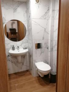 a bathroom with a sink and a toilet and a mirror at Apartment B45 Borovets Gardans in Borovets