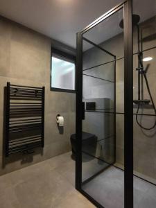 een badkamer met een glazen douche en een toilet bij Luxe familiehuis 8p nabij bos en hei op de Veluwe in Putten