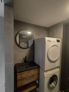 een badkamer met een wasmachine en een spiegel bij Luxe familiehuis 8p nabij bos en hei op de Veluwe in Putten