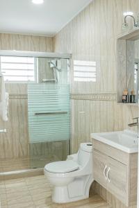 a bathroom with a toilet and a shower and a sink at Lyra Vacation Rentals in Willemstad