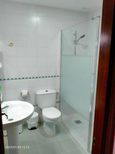 een badkamer met een toilet, een wastafel en een douche bij Playa de La Barrosa La Almadraba IV Fase "Interior" B-3 in Chiclana de la Frontera