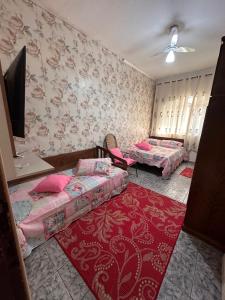 um quarto com 2 camas e um tapete vermelho em A CASA DE IRENE II em Aparecida