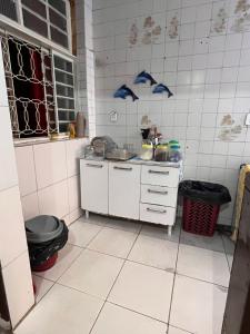 uma cozinha com um lavatório e piso em azulejo em A CASA DE IRENE I em Aparecida
