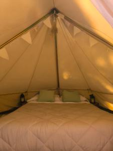 a bed in a tent with two green pillows at Vivac Camp in San Rafael