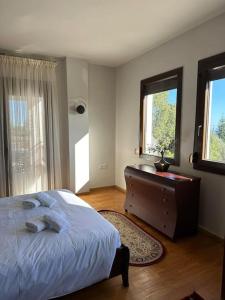sypialnia z łóżkiem i komodą oraz 2 oknami w obiekcie Villa_Kleio w mieście Litochoro