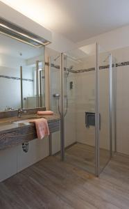 uma casa de banho com um chuveiro e um lavatório. em Hotel Wittensee Schützenhof em Groß Wittensee