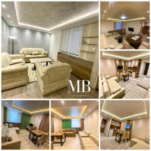 a collage of four pictures of a living room at MB Apartmani in Kopaonik