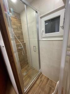 a shower with a glass door in a bathroom at Chata Olomouc Tovéř 