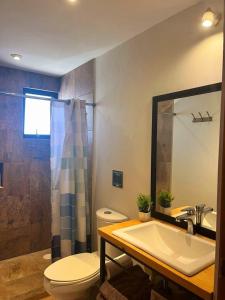 a bathroom with a sink and a toilet and a mirror at Depto. Arica in San Cristóbal de Las Casas