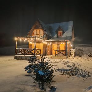a house with a christmas tree in front of it at Anna's Mountain House in Kolašin