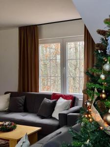 a living room with a christmas tree and a couch at Villa Pluto in Gjilan