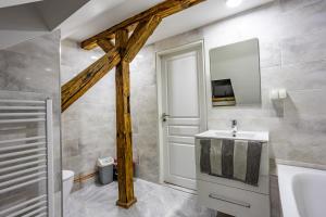 ein Bad mit einem Waschbecken und einem Spiegel in der Unterkunft Apartmán u Ljuby in Jáchymov