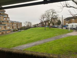 un terrain herbeux avec un parc de voitures et de bâtiments dans l'établissement Spacious 2 bed Dulwich flat green views, à Londres
