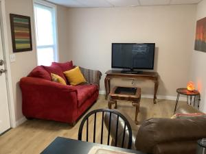 salon z czerwoną kanapą i telewizorem z płaskim ekranem w obiekcie Cozy Apt near BU, Lourdes, UHS w mieście Johnson City