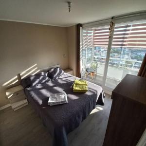 ein Schlafzimmer mit einem Bett und einem großen Fenster in der Unterkunft Verano 2024 AltaVista Viña del Mar in Viña del Mar