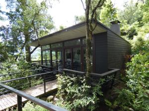 a tiny house in the woods with a deck at Departamento con vistas a pasos del Lago y centro de la ciudad in Pucón