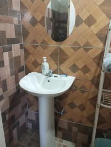 uma casa de banho com um lavatório e um espelho em Hostal EL VALLE em Los Algarrobos