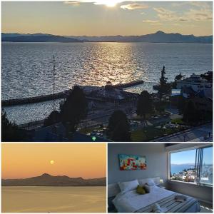 a collage of two pictures of a view of the ocean at Aires de Bariloche in San Carlos de Bariloche
