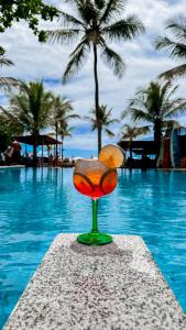 a glass with an orange sitting next to a swimming pool at Pousada Villa Zena - Pé na areia in Arraial d'Ajuda
