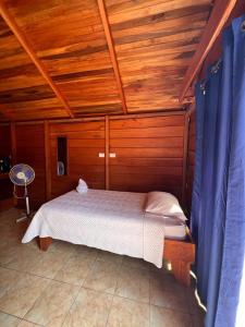 1 dormitorio con 1 cama en una habitación de madera en Cabañas SyC, en Fortuna
