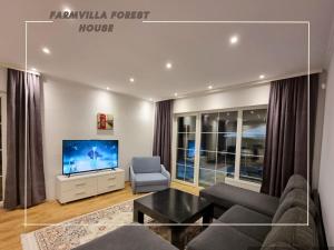 a living room with a couch and a tv at FarmVilla Forest House in Lipljan
