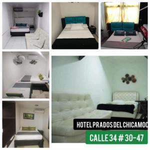 a collage of four pictures of a hotel room at hotel prados del chicamocha in Bucaramanga