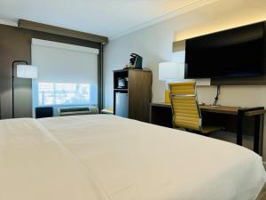 ヒューストンにあるComfort Inn & Suites Houston I-10 West Energy Corridorのベッド、デスク、テレビが備わるホテルルームです。