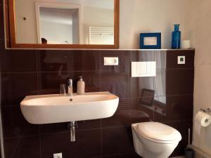 a bathroom with a sink and a toilet at Pension Flughafen Leipzig in Freiroda