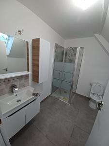 ein weißes Badezimmer mit Waschbecken und Dusche in der Unterkunft Maison neuf pour 4 personnes 85m2 in Montlouis-sur-Loire