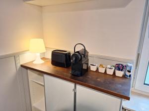 a counter with a toaster and a lamp on it at Apartment Mörlenzauber in Ober-Mörlen