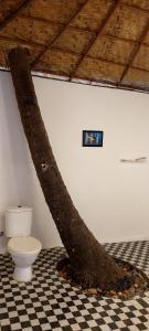 a tree trunk in a bathroom with a toilet at Ourem Palace in Palolem