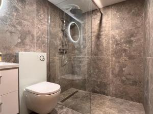 La salle de bains est pourvue d'une douche et de toilettes. dans l'établissement Peacefull Mountains View, à Kandersteg