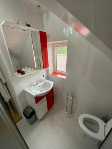 uma casa de banho branca com um lavatório e um WC em Cosy bedroom for 2 with Balcony in a Family Villa em Turnu Măgurele