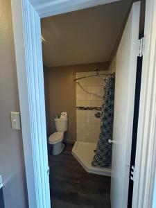 a bathroom with a toilet and a shower at Dream Inn in Tonopah