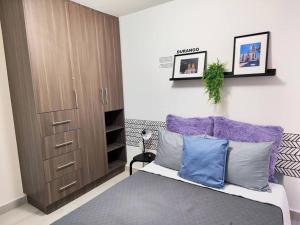 a bedroom with a bed with purple pillows and a closet at Departamento para 7 Personas 3 Recamaras Equipado in Buena Vista +18 photos